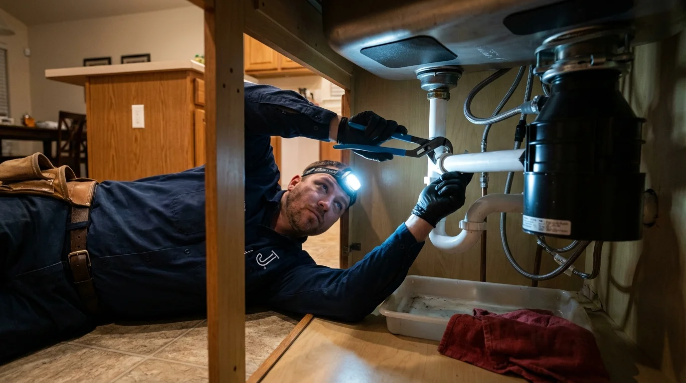 P-trap and supply line connections under a kitchen sink showing a common leak point in Shenandoah, PA